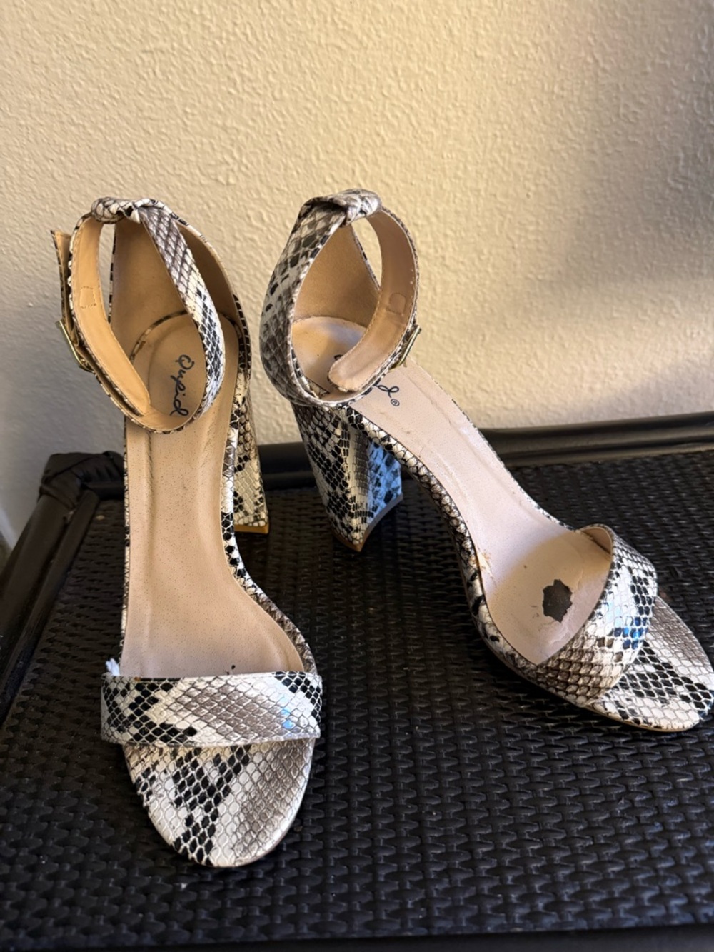Qupid Black & White Snake-Print Block Heel Sandals